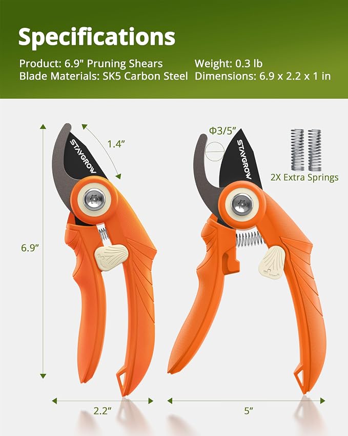 Garden Shears 6.9" Pruning Shears for Gardening Orange | Garden Clippers Gardening Scissors with Rust Resistant SK5 Stainless Steel Blade,Cuts 3X Easier,Weak Hand Arthritis Pruners