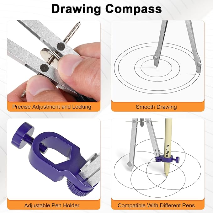 Nicpro 20PCS Professional Geometry Set with Case, Drafting Tools with Protractor and Compass, Metal Rulers, Triangles, Pens, Pencils, Drawing Supplies, Drafting Kit for Architect Engineer Students