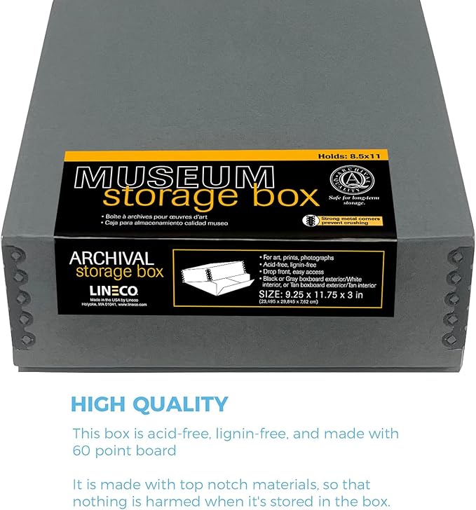 Lineco Museum Archival Storage Box, Drop Front, 9.25x11.75x3 in, Gray | Acid-Free with Metal Edge, Preserves Picture Longevity, Organize Photos, Newspapers, Prints, Documents, Crafts, DIY