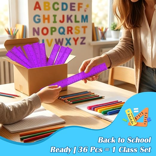 36 Pack 12 Inch Clear Purple Plastic Rulers Bulk, Transparent Metric Rulers with Centimeters and Inches, Straight Measuring Rulers for Back to School, Kids Classroom School Office Home Supplies