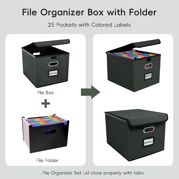 File Organizer Box with 25-Pocket Accordion Folder, File Folder & Protective Lid - Document Storage for Home, Office, School, Dark Grey