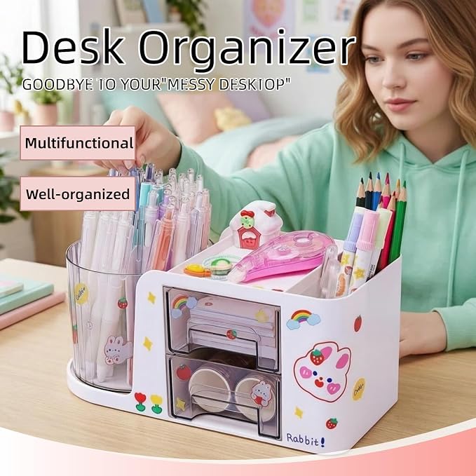 Desk Organizer with 2 Drawer, 360°Rotating Pencil Holder for Desk, Office organization, Desk accessories for women with 5 Compartments for School, Home, Office Supplies, Includes Cute Sticker (White)