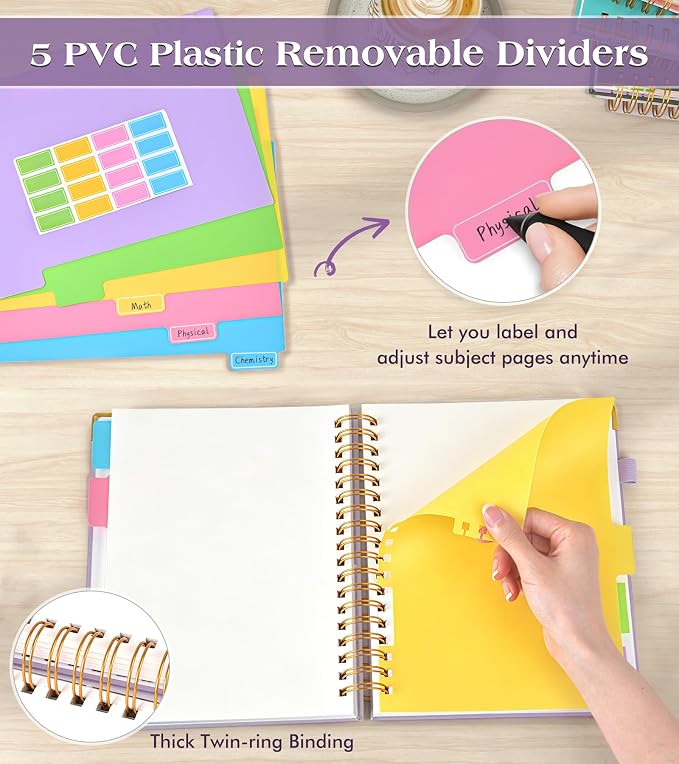 5 Subject Blank Notebook with Removable Dividers Tabs, 300 Pages Hardcover Leather Sketch Book Spiral Journal, 8"x10" B5 Large Sketchbook Notebooks for Women Men Work School Sketching Drawing, Purple