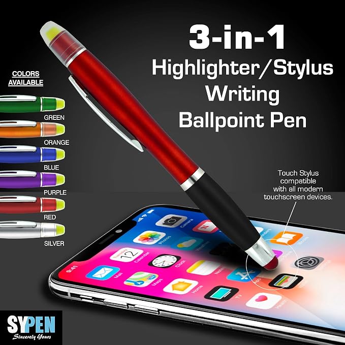 SyPen Bible Highlighter with Pen and Stylus for Touchscreens, 3 in 1 Combo, All Yellow Highlighters, All Black Ballpoint Ink, Wax Gel Highlighters, Multi-Color Barrels, Pack of 6