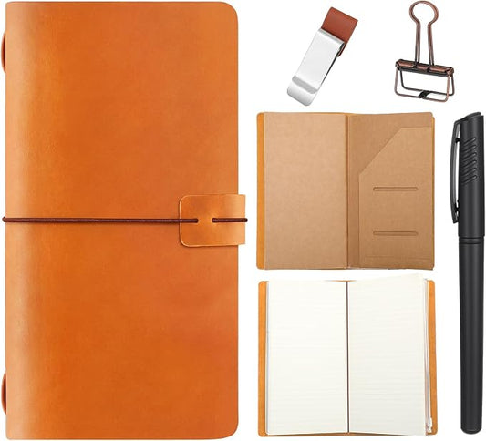 Thenshop Travelers Refillable Leather Journal Notebook Travel Diary Handmade Passport Travelers Journal for Men and Women with 3 Notebook Inserts, Pen Holder, Binder Clip(Orange,Stand Size)
