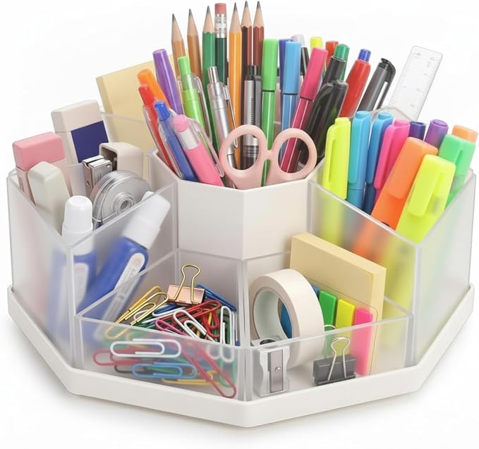 Pajean Rotating Desk Organizer Caddy with 9 Compartments Detachable Rotating Pencil Pen Holders for Desk, 9 Slots 360 Degree Desktop Stationery Art Supplies Makeup Storage Organizer Gift(Transparent)