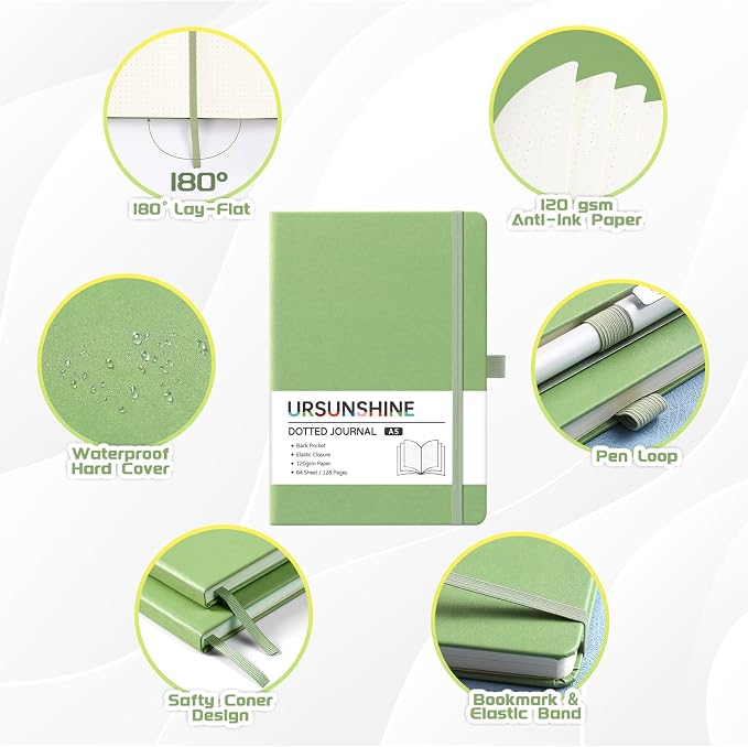 Dotted Journal/Notebook - Dot Grid Hard Cover Notebook, Premium Thick Paper with Fine Inner Pocket, Black Smooth Faux Leather, Pen Loop, 5.3'' x 8.26'' - Light Green