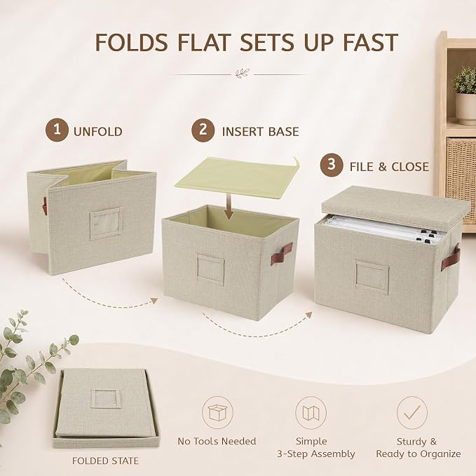 2-Pack Collapsible Document Storage Bins with Lid, Beige | Office files & board games | Fits A4/B4 papers | Stackable | Dust-proof | Includes labels & glue dots