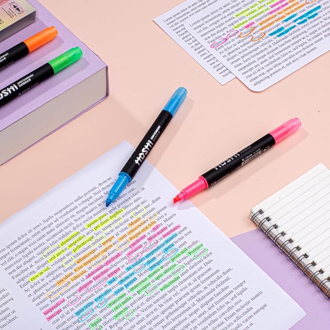 Hoshi 5PCs Premium Fluorescent Dual Tip Highlighters, Assorted Aesthetic Colors Highlighter Set, High Ink Capacity, No Bleed, Quick Dry for Arts, Craft Projects