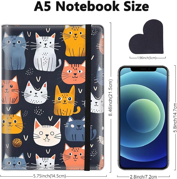 A5 Leather Lined Journal Notebook, 200 Pages Hardcover Executive Notebook for Men Women Office School Note Taking, Thick Writing Paper Daily Journal with Bookmarks/Indexes,Cat Family