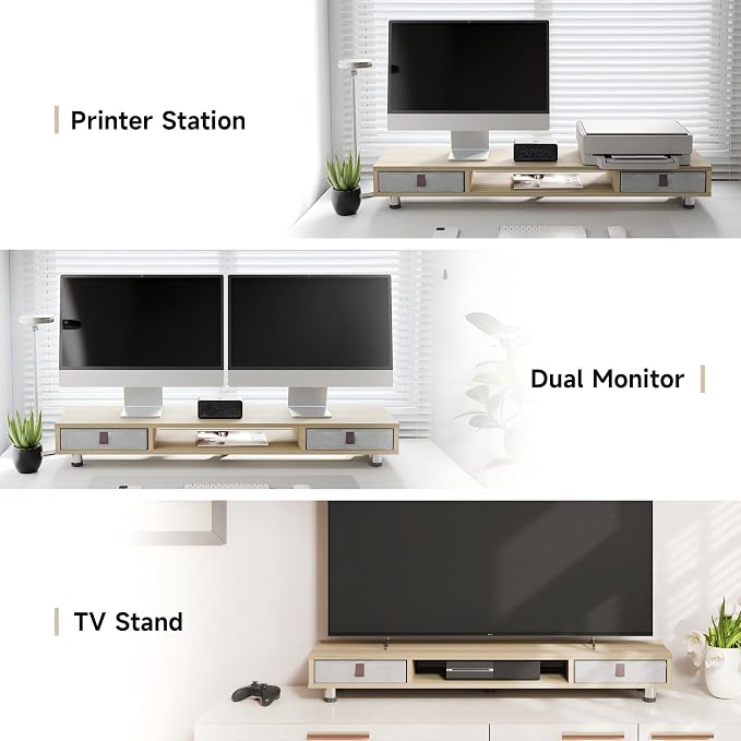 Fenge Dual Monitor Stand, 2-Tier Desk Organizer with Drawers, 42.5in, Oak | Monitor Riser with Storage, Ergonomic Height Adjustable Computer Stand, Desk Shelf for Top of Desk, Laptop, PC, TV