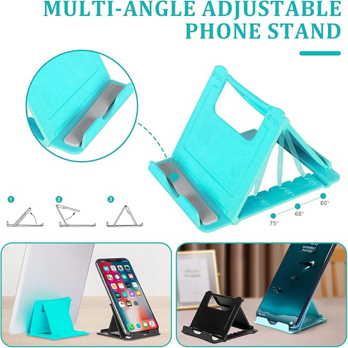 SAYEEC Rotating Pen Holder 5 Slots Desk Organizer with Adjustable Phone Stand Blue Makeup Brush Holder Organizer Cute Pencil Cup Pot Art Supply Storage Box Caddy for Office School Vanity Bathroom