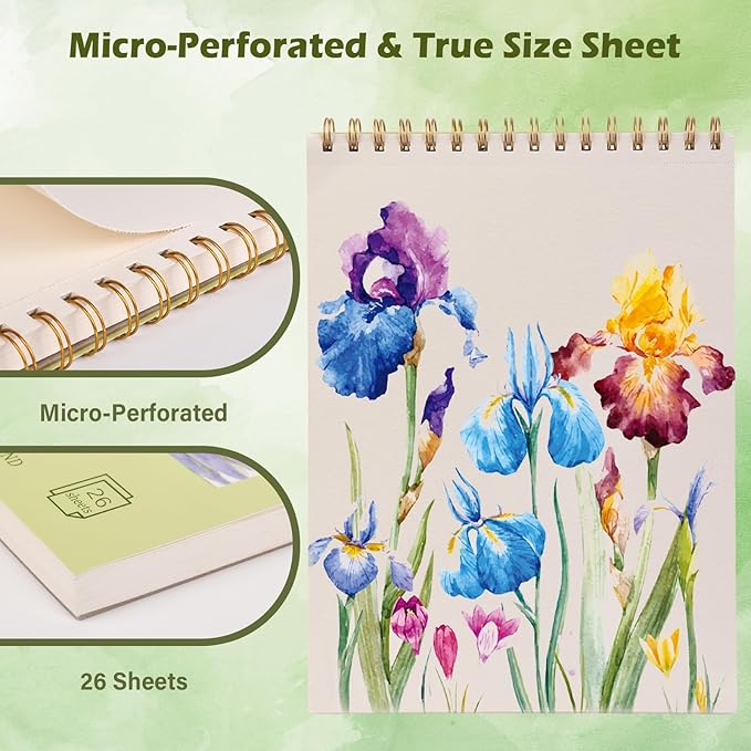 Qlmhudaim Watercolor Paper Pad 8" x11” (26Sheets, 140lb/300g) | Spiral Bound Tear Line Artist Mixed Media Sketchbook, Watercolor Paper for Adults Kids, Watercolor Sketches & Art Journals