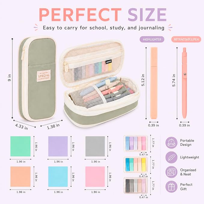 27 Pcs Aesthetic School Supplies Include 12 Pcs Aesthetic Highlighters Bible 1 Ppcs Big apacity Pen Case Bag 5 Pcs Retractable Quick Dry Gel Ink Pens 9 Pads Clear Sticky Tabs for School Office Home