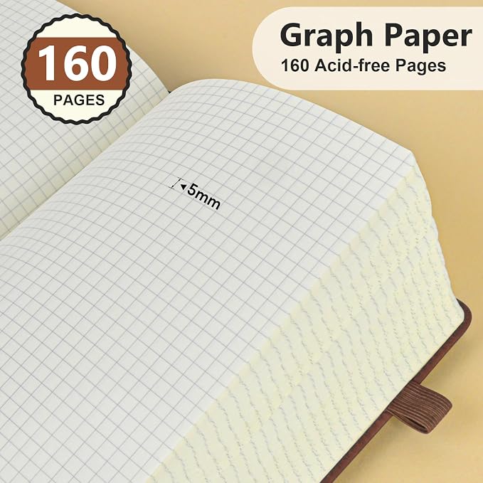 PERCUN A5 Graph Paper Notebook, Leather Journal, 160 Pages Grid Notebook | 5.9"x8.5" hardcover journal with quad ruled paper for work, school, writing, notes, journaling and daily planning.
