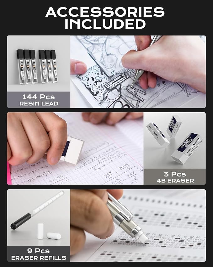 Nicpro 8 Pack 0.5mm & 0.7mm Metal Mechanical Pencil Set, MB1000 | Lead Drafting Pencil for Artist Writing, Sketching, Drawing with 6 Tubes HB Refills, 3×4B Eraser, 9×Cap Eraser - With Case