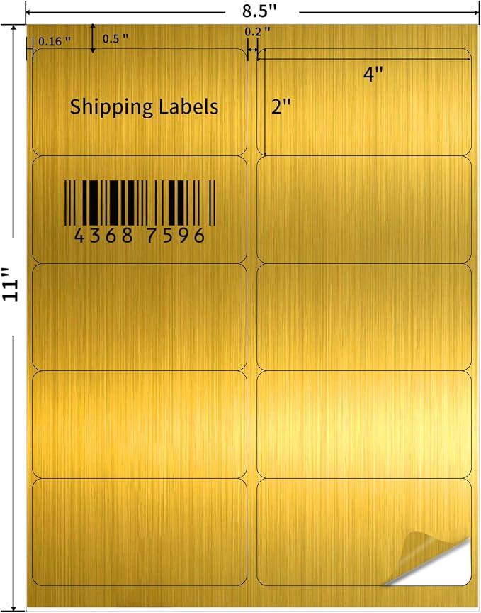 Shipping Labels Stickers, 2"×4" Gold Printable Mailing Labels for Laser/Inkjet Printing- Matte Gold, 8.5"×11"- 20 Sheet