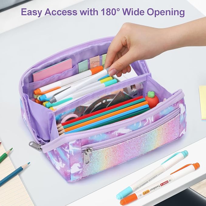 Large Pencil Case for Girls - Aesthetic Pencil Pouch for School | Kids Pencil Case & Wide Handle, Water Resistent Organizer, Box Fits 50 Pens & Markers, Daily Use, Purple Unicorn