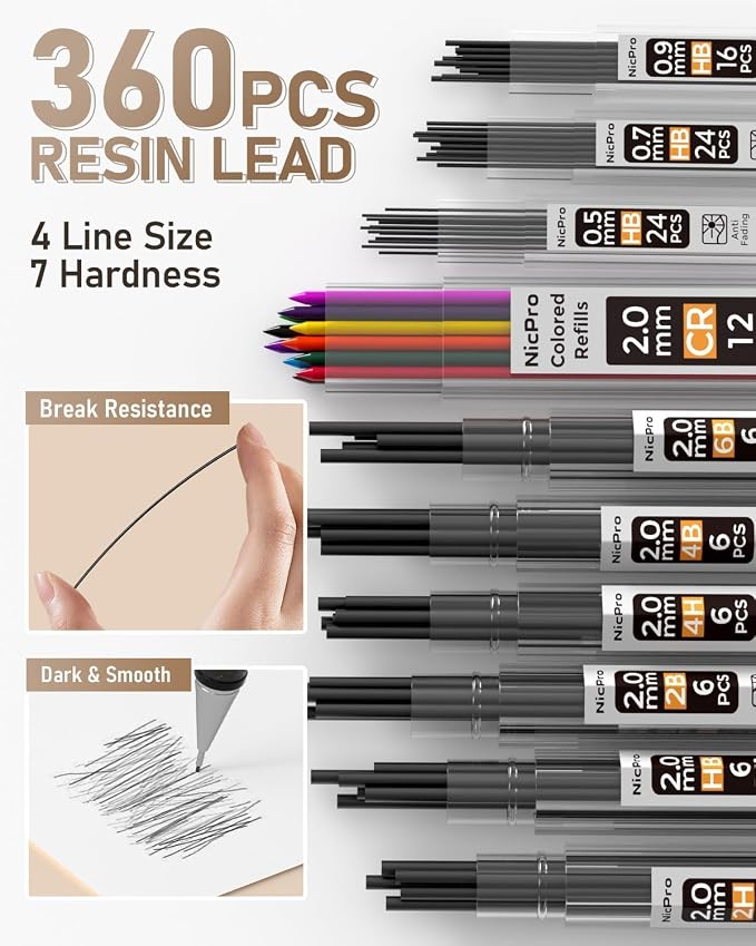 Nicpro 35PCS Gold Art Mechanical Pencils Set, 3 PCS Metal Drafting Pencil 0.5 mm & 0.7 mm & 0.9 mm & 3 PCS 2mm Lead Holder (6B 4B 2B HB 2H 4H Colors) For Sketching Drawing With 20 Tube Lead Refills