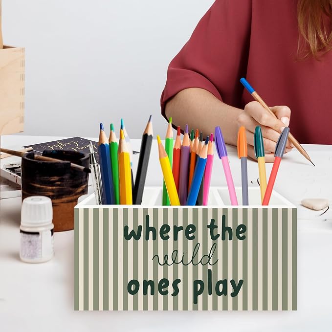 Kids Room Decor Pen Pencil Holder Organizer for Desk, Sage Green Striped Play Room Wooden Box Signs Decorations for Kids Boys Girls Room Bedroom Playroom Desk Tabletop