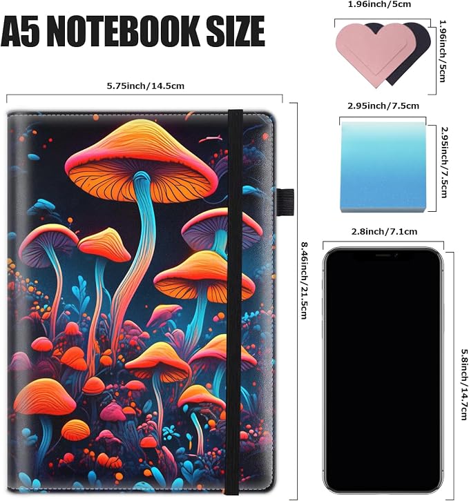 Hardcover Executive Notebooks, A5 PU Leather Lined Journal Notebook, 200 Pages Thick Paper Subject Notebooks for School,Work,Home Writing Business Notebook, Diary Book ， Psychedelic Mushrooms