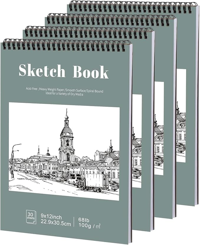 4 Pack Sketch Book, 9 x 12 Inch Sketchbook, 68lb/100gsm Top Spiral Bound Sketch Pad, Acid Free Art Supplies Drawing Painting Sketching Paper for Kids, Adults, Beginners, Artists (30 Sheets Each) | 100gsm/68lb paper, hardcover backboard, lay-flat top sp...