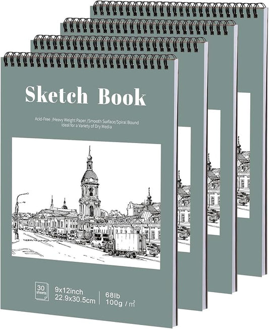 4 Pack Sketch Book, 9 x 12 Inch Sketchbook, 68lb/100gsm Top Spiral Bound Sketch Pad, Acid Free Art Supplies Drawing Painting Sketching Paper for Kids, Adults, Beginners, Artists (30 Sheets Each) | 100gsm/68lb paper, hardcover backboard, lay-flat top sp...