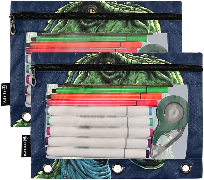 Green Dinosaur Pencil Pouch Fits standard 3-ring binders, Zipper Binder Pencil Bag with Clear Window for Office 2 Pack