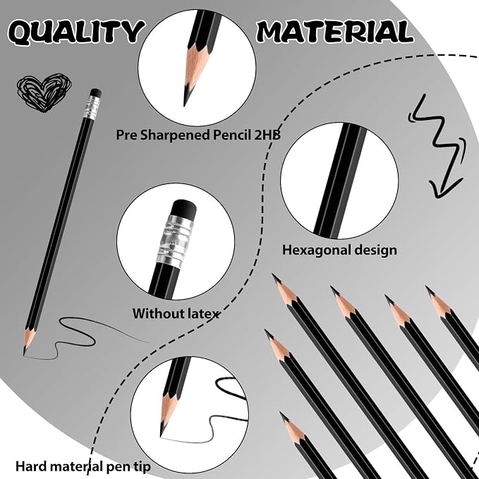12 PCS Black Pencils with Eraser, Pre-Sharpened HB Pencils for Writing & Drawing, School Supplies for Kids Homework, Tests, Art Crafts & Teacher Grading (Black)