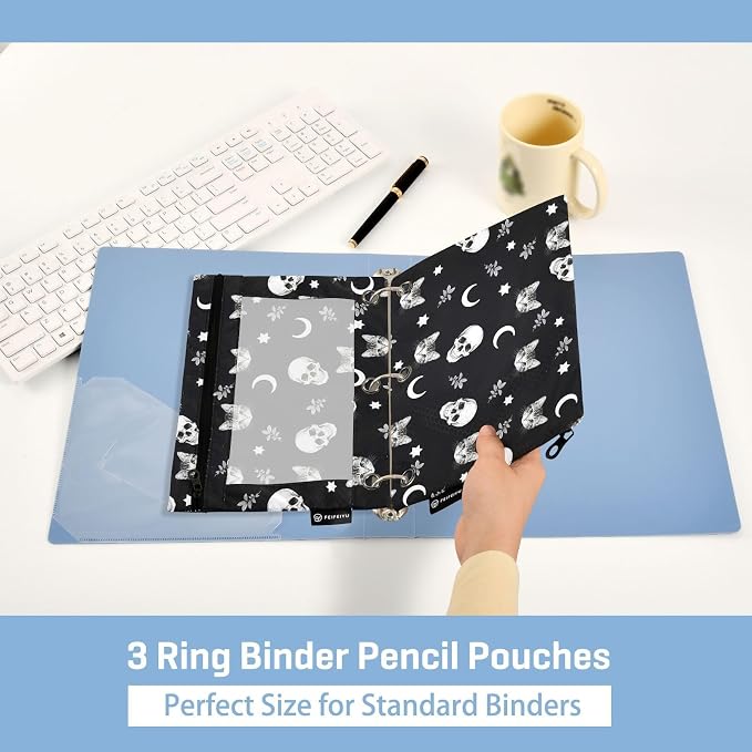 Skull Cat Moon Gothic Pencil Pouches for 3 Ring Binder, Zipper Binder Pencil Case, 2 Pack Clear Window Case Bag for Office Organizers