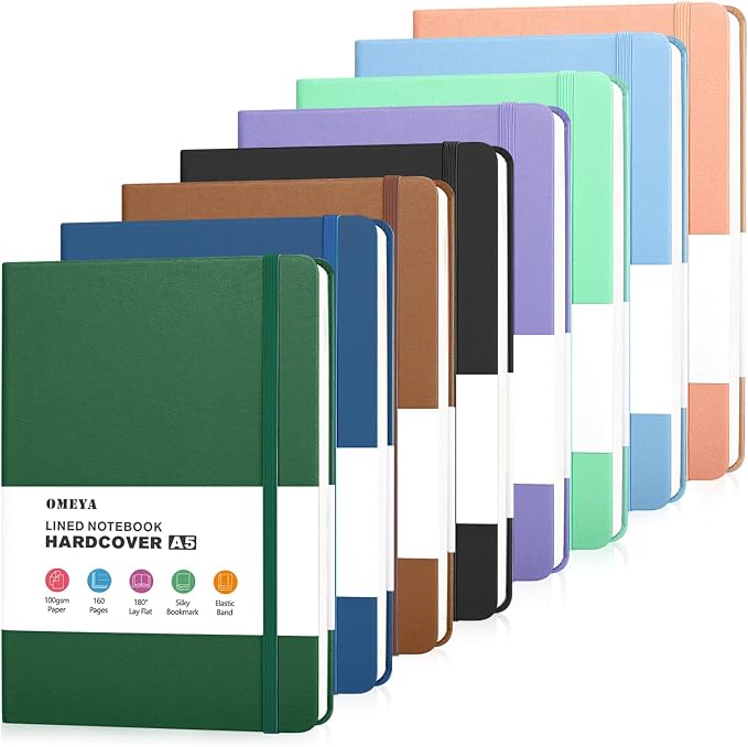 OMEYA Hardcover Journal Notebooks for Work: 8 Pack, A5 100gsm Lined Paper | Multicolor, 5.7" x 8.3", PU Leather Cover, Notebooks for Office, School, Meetings, Daily Plans and Personal Journaling