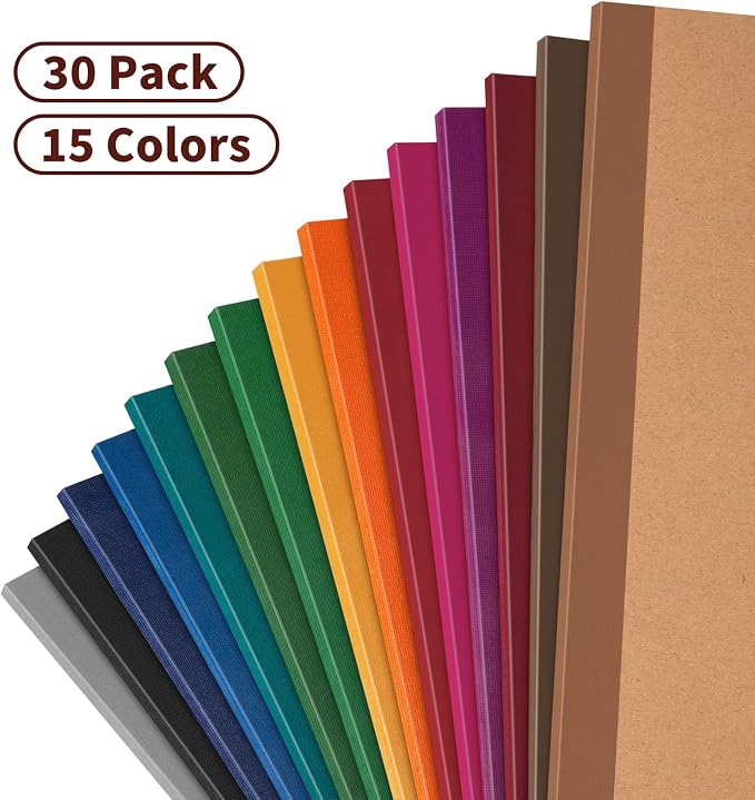 ALKALO 30 Pack Lined Notebook Journals Bulk, A5 College Ruled Composition Notebook, 8.3”x 5.5”, Kraft Cover with Vintage Spines, 15 Colors 60 Pages for School Office Travel(Vintage-Lined-30 pack)
