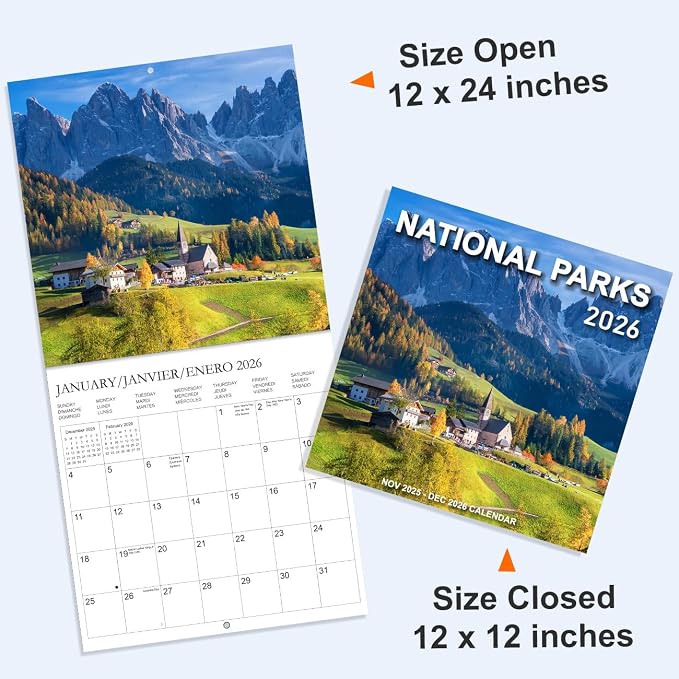 Calendar 2026 - Wall Calendar from January 2026 to December 2026, 3 Languages(English,French,Spanish), 2026 Wall Calendar with Holiday Marked, Premium Paper for Organizing, 12" x 12",National Park - D