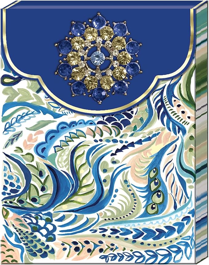Punch Studio Flip-Top Notepad For Daily Notes or Notes on-the-go, with Magnetic Closure, Brooch Embellishment, Gold-Foil Accents & 75 Illustrated Sheets, 5" x 3.75" - Azure Peacock (59225)