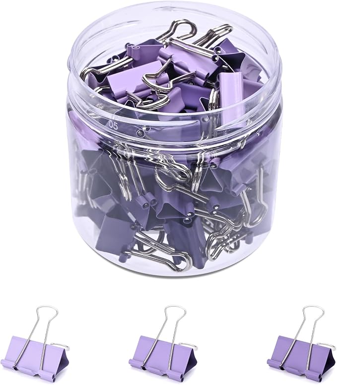 Temiary Aesthetic Binder Clips, Mini Metal Binder Clip with Clear Storage Container, Binding Paperwork Clamps for School Teachers Office Supplies (Purple 0.6 Inch, 60P)