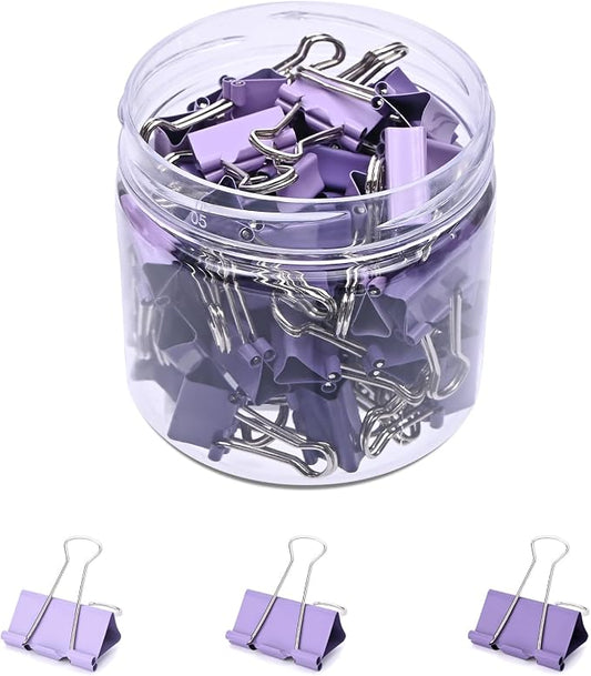 Temiary Aesthetic Binder Clips, Mini Metal Binder Clip with Clear Storage Container, Binding Paperwork Clamps for School Teachers Office Supplies (Purple 0.6 Inch, 60P)