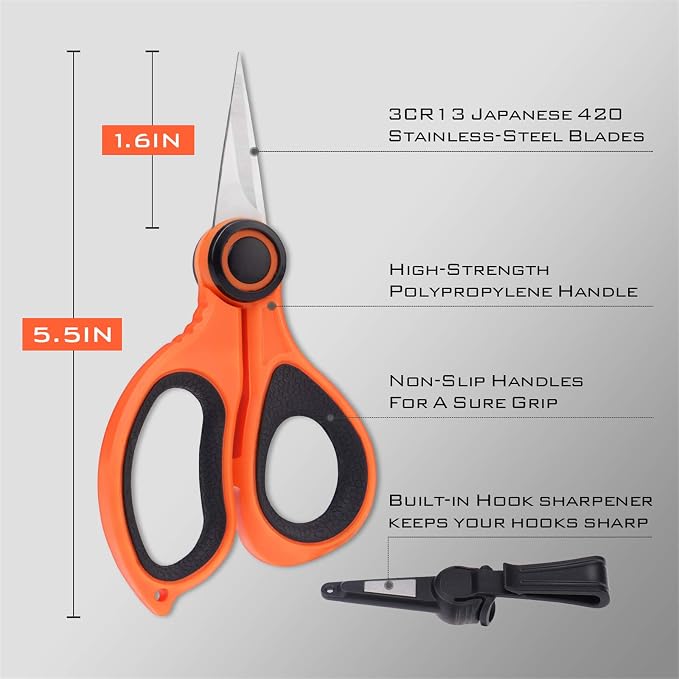 KastKing Paradox 5.5-Inch Fishing Scissors | Braided Line Cutters, w/Sheath, Super Sharp 3CR13 Japanese Stainless Steel Blades, Non-Slip TPR Handles, Includes Lanyard