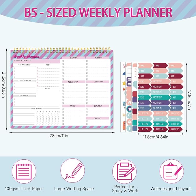 Thboxes Weekly To Do List Notepad, 8.5''x11'' Weekly Desk Planners with 52 Tear Off Sheets Undated Planner Habit Tracker & Productivity Organizer for Home and Work, Plaid Style