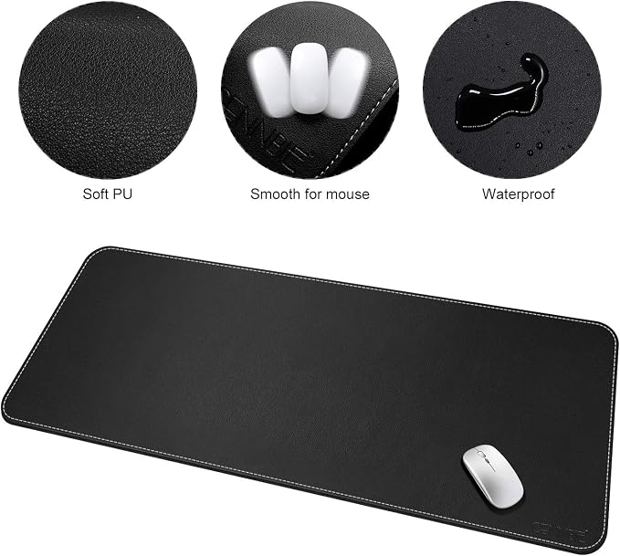 CENNBIE 59" x 27.5" Large Leather Desk Mat,Waterproof Desk Pad(Black) | Premium stitched edges resist wear. Easy to clean. Protects desk from spills, stains ,scratches. Smooth glide. Office & home.