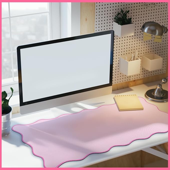 Hahafelt Scalloped Desk Mat Large Desk Pad Cute Coquette Table Mat Back to School Preppy Table Make up Pad Nonslip Graduation Gift with Stitching Waterproof Gaming(Pink,36 x 17 Inches)