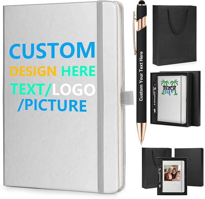 ENOMY Personalized Notebook Writing Set A5 Journal PU Leather Custom Notebook 200 Lined Pages Business Notebook with Metal Pen Gift Box for Holiday College Birthday Business Gift, Silver