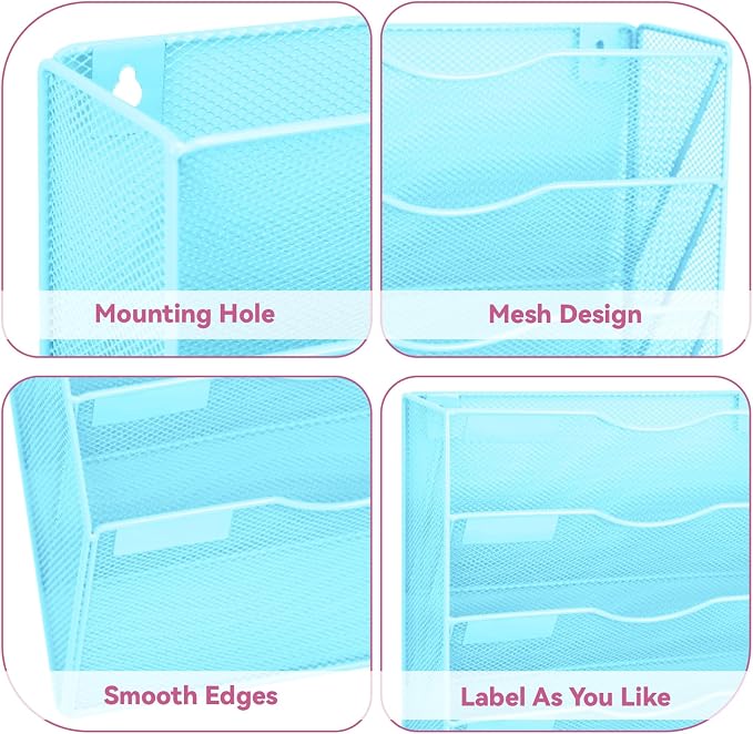 8 Pockets Mesh Wall File Holder Organizer Office Hanging File Folder Magazine Rack, Nametag Label Hooks Set Included (Blue)