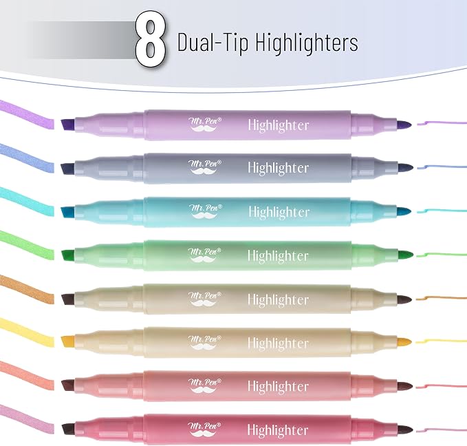 Mr. Pen- Dual Tip Highlighters, 8 Pack, Fine & Chisel | Cute Highlighters Assorted Colors, Dual Tip Markers
