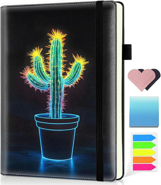Hardcover Executive Notebooks, A5 PU Leather Lined Journal Notebook, 200 Pages Thick Paper Subject Notebooks for School,Work,Home Writing Business Notebook, Diary Book ，Neon Small Cactus