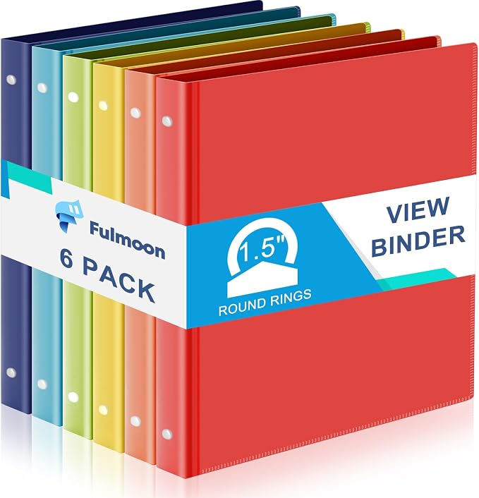 Fulmoon 6 Pack Plastic 3 Ring Binder Assorted Colors Economy Flexible Round Ring Presentation Binders with Pocket for Office School Meeting(1.5 Inch,Rainbow Colors)