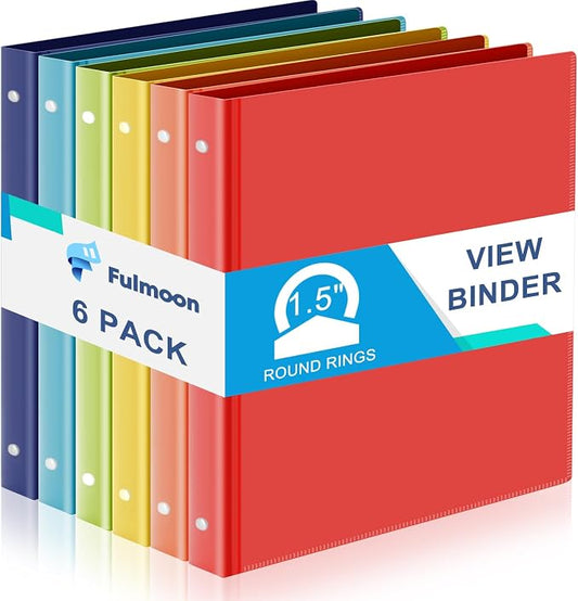 Fulmoon 6 Pack Plastic 3 Ring Binder Assorted Colors Economy Flexible Round Ring Presentation Binders with Pocket for Office School Meeting(1.5 Inch,Rainbow Colors)
