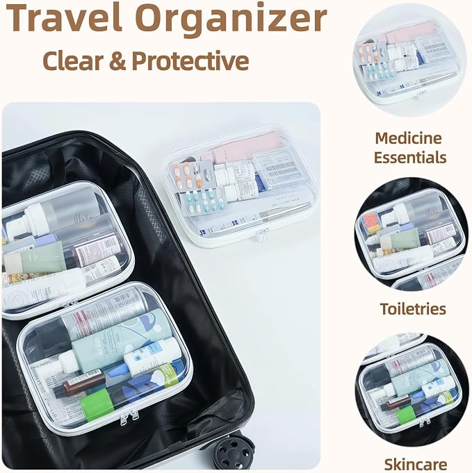 3-Pack Medium Clear Hard Shell Zipper Pouches, Clear Zipper Bags, Hard Case Pouches for Purse & Diaper Bag Organizer,and Travel Essentials (3M