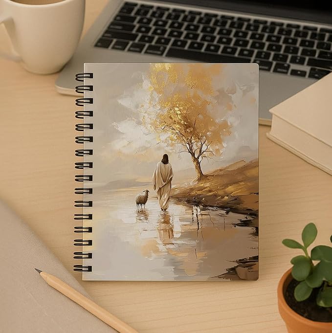 Jesus and Lamb Christian Notebook, Inspirational Faith Journal with Lined Pages, Fall decor, Jesus Leaves the 99 Sheep Painting, Religious Gift for Women, 5.5x8.3 Inch