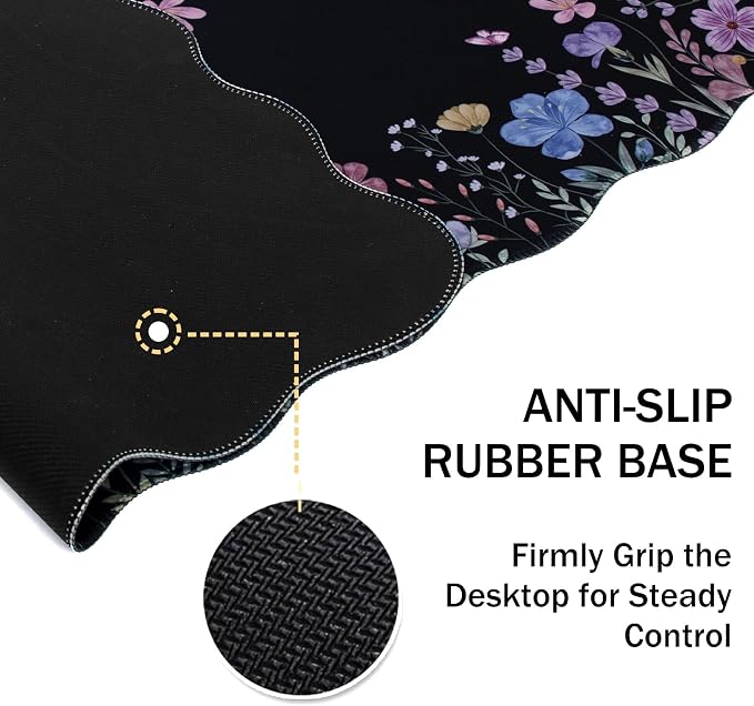 L-SPOUTTO Floral Mouse Pad,Botanical Desk Mat XXL Large Scalloped Black Gaming Mousepad,35.4x15.7in Non-Slip Rubber Base Keyboard Pad Waterproof Desktop Mat for Laptop Computer Game Home Office-Flower
