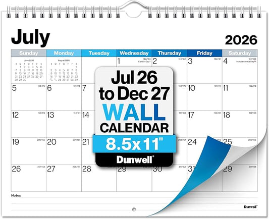 Dunwell Wall Calendar 2026-2027, 8.5" x 11", 18 Months Jul. 2026 to Dec. 2027, Durable Twin Wire Binding, Thick Paper, Small Desk Calendar Planner For Home, Office, School, Simple Design, Easy Read